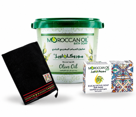طقم عناية بالجسم من "موروكان اويل" (Moroccan Oil) يتكون من صابون مغربي وعلبة صابون زيتون وليفة استحمام